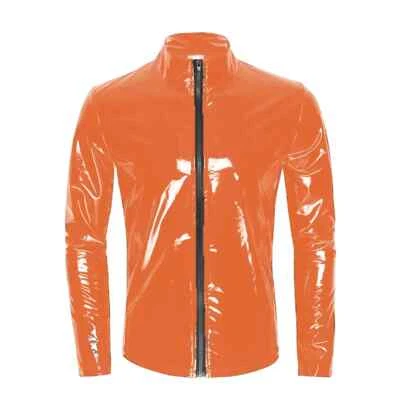 Men Moto Zipper Jacket Tops Glossy PVC Leather Jacket Outdoor Golf Coat Costumes - Image 1 of 4