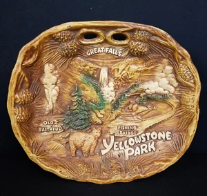 Vintage YELLOWSTONE National Park Faux Wood Wall Taco Souvenir Bowl Grizzly - Picture 1 of 11