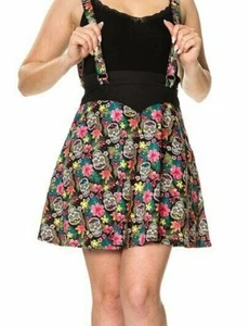 Sugar Skull Tropical Pinafore Dress Skirt braces Banned Nu Goth Egirl - Picture 1 of 3