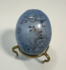 Vintage Asian Glass Egg Reverse Painted on Stand Blue Bird Cranes Floral  2 inch