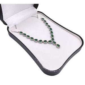 White Gold Finish Pear Cut Green Emerald & Created Diamond Necklace - Picture 1 of 9