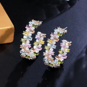 New Luxury Women Jewelry Yellow Green Citrine Gems Silver Dangle Stud Earrings - Picture 1 of 6