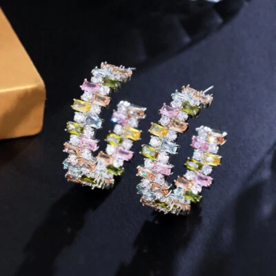 New Luxury Women Jewelry Yellow Green Citrine Gems Silver Dangle Stud Earrings - Image 1 of 4