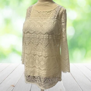 Max Studio Spitze Tunika Top Damen XL elfenbein gefüttert transparent Overlay Bluse romantisch - Bild 1 von 8