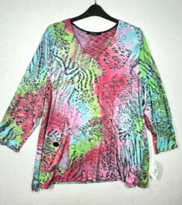 Calessa Blouse Womens 3XL Colorful 3/4 Sleeve Pocket Animal Print Artsy Chic NEW - Picture 1 of 12