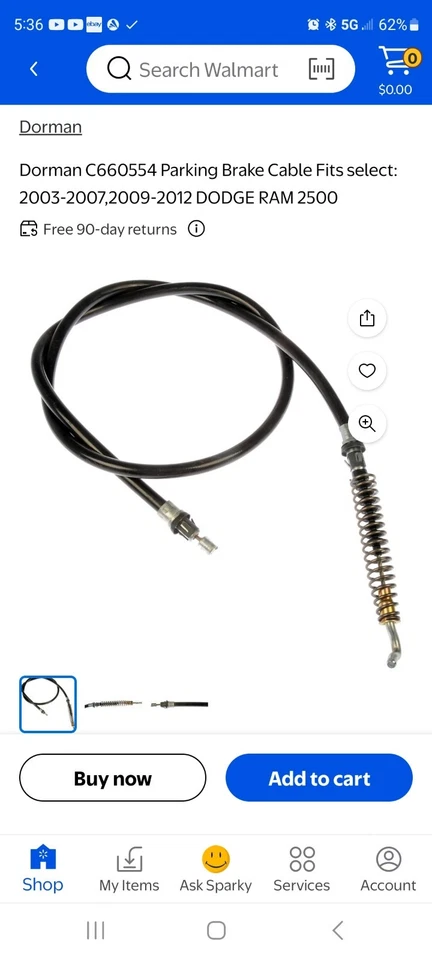 Cable de freno de estacionamiento Dorman C660554 se adapta a Select: 2003-2007, 2009-2012 Dodge Ram 2500 Foto 1 de 3