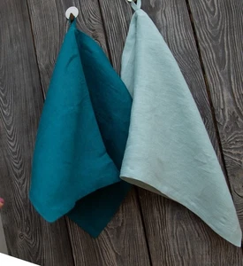 Set 2 Pure Linen Kitchen Towels - Mint & Teal tea towel - Picture 1 of 11