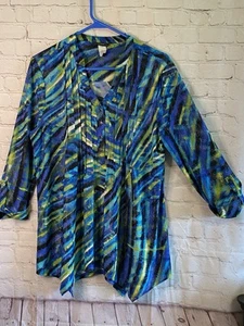 Cocomo Women's Top Blouse Large Blue Floral Slinky Popover Silver Button - Picture 1 of 9