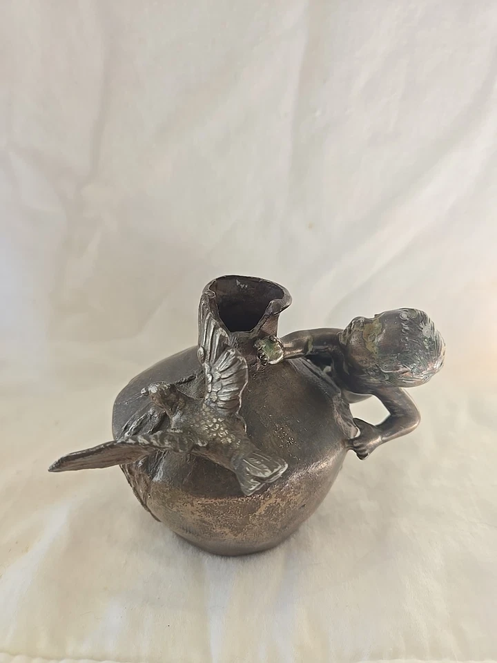 LOOK FINE FRENCH ANTIQUE BRONZE CHILD AND BIRD ON VASE ART DECO SCULPTURE  - image 1 of 4
