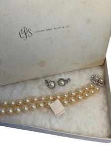 Vtg Marvella Faux Pearl Rhinestone Necklace & Earrings Parure Set In Carson Box - Picture 1 of 15