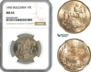 AK802, Bulgaria, Boris III, 10 Leva 1943, Vienna Mint, NGC MS63 - Picture 1 of 1