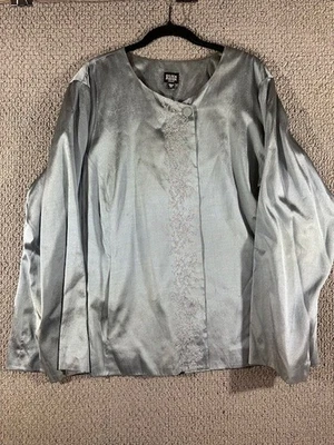 Eileen Fisher Embroidered Silk Cross-Dye Dupion Jacket Blazer Shale Blue / 2X - Image 1 of 4