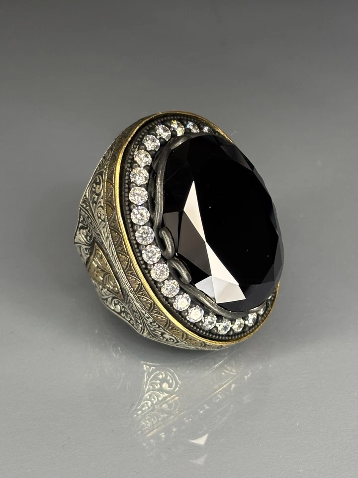 Onyx 925 Sterling Silver Men’s Ring: Moissanite Halo, Baroque Gothic Jewelry - Image 1 of 4