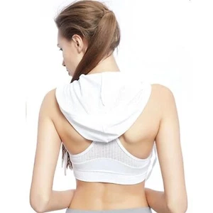 White Workout Sports Bra with V-Neck Front and Drawstring Hood Crop Top b15 - Picture 1 of 6