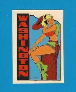 VINTAGE ORIGINAL 1948 SOUVENIR "WASHINGTON" COWGIRL PINUP REISE WASSER AUFKLEBER KUNST - Bild 1 von 1