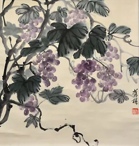 Pintura de pergamino colgante de pared de uvas pintada a mano china de colección - Imagen 1 de 5