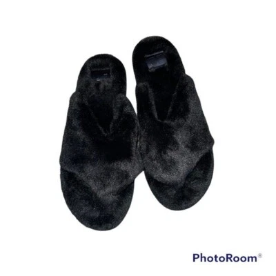 JustFab black furry thong faux fur slippers size medium 7-8 NWOT - Image 1 of 4