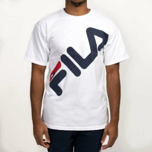 FILA T-Shirt with Slanted Logo White - perfect UNISEX -100% Cotton NEW Big Sizes - Picture 1 of 3