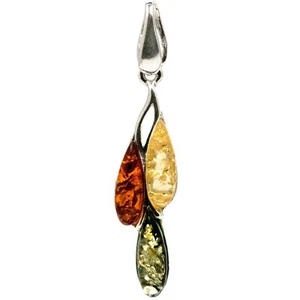 925 Solid Pure Sterling Silver Multicolor Baltic Amber Beautiful Drop Pendant - Picture 1 of 6