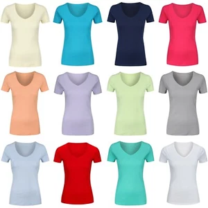 New T Shirt Tops Ex Famous Store Womens Soft Pure Cotton Short Sleeve V Neck Tee - Picture 1 of 48