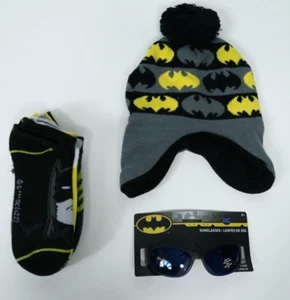 Boys 8 Piece Batman Graphic No Show Socks Ear Flap Beanie Sunglasses Set Sz 3-9 - Picture 1 of 2