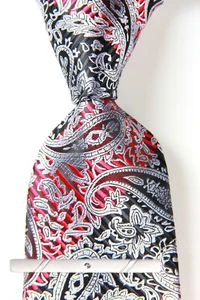 Classic Paisley Silver Black Red JACQUARD WOVEN 100% Silk Men's Necktie Tie - Picture 1 of 5