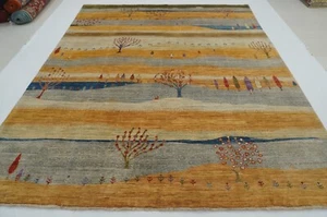 8 x 10 ft Orange Gray Landscape Gabbeh Tribal Afghan Hand Knotted Wool Area Rug - Picture 1 of 19