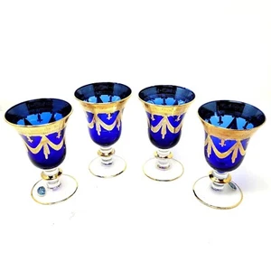 Juego de 4 copas de vino Interglass Italia cristal azul cobalto oro 24K Medici - Imagen 1 de 12