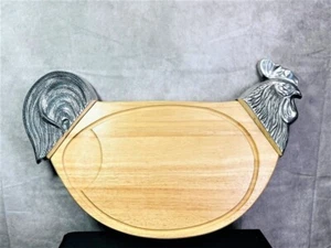 HUGE VTG Carved Wood Pewter HANDLES Rooster Shaped Carving Board platter - Picture 1 of 6