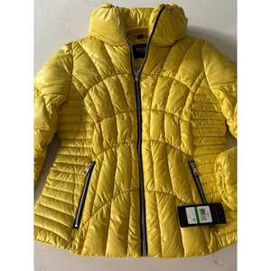 GUESS Quilted Puffer Fashion Large Jacket Metallic Bright Yellow Full-Zip NWT - Picture 1 of 6