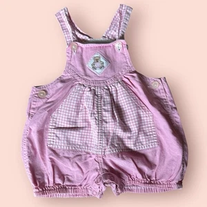 Vtg Baby Girl Bubble Romper Summer Pink Plaid Gingham Bear Shortalls 6-9 Months - Picture 1 of 4