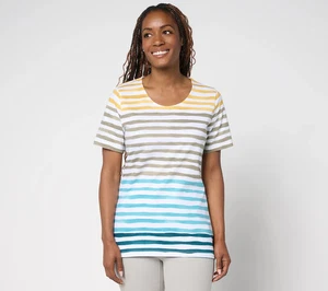 Denim & Co. Active Textured Cotton Short Sleeve Striped Top Womens A695824 - Picture 1 of 4