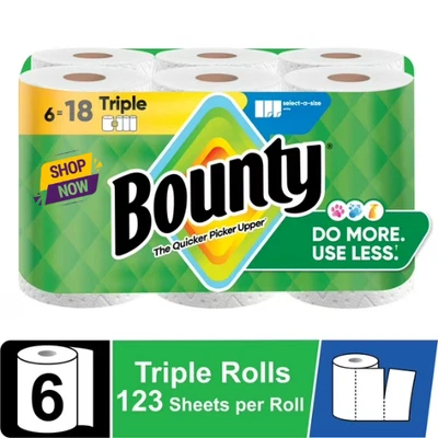 Bounty Paper Towels Select-A-Size White, 6 Triple Rolls, 123 Sheets Per Roll