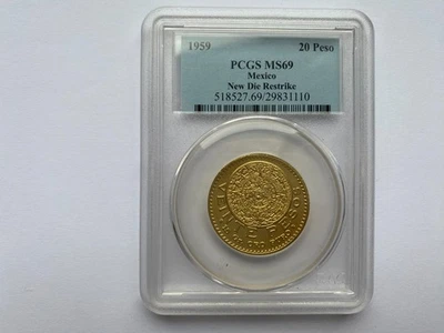 México 1959 20 pesos nuevo Die Restrike graduación profesional MS69 sin precio base Foto 1 de 2
