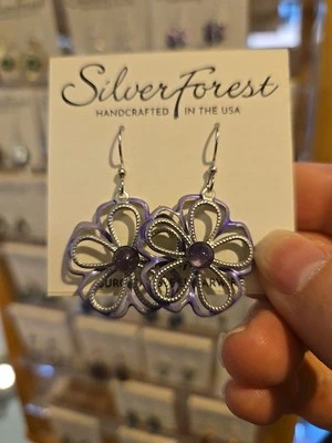 New Silver Forest Jewelry Large Open Flower Center Purple Stone Dangle Earrings - Image 1 of 4