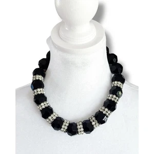 Vintage Black Glass Bead Necklace, Faceted Beads, Rhinestones, Cocktail Costume - Picture 1 of 13