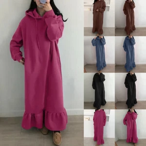 Womens Winter Fleece Maxi Dress Jumper Pullover Hoodie Kaftan Dresses Loungewear - Picture 1 of 15