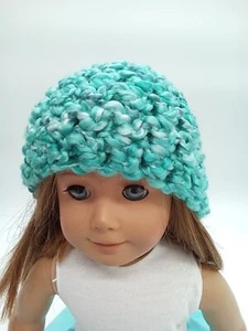 Türkis Grob gehäkelte Beanie Mütze 18" Puppenkleidung passt American Girl Handarbeit - Bild 1 von 3