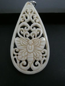 Butterfly Ornate Carved Water Buffalo Bovine Bone Sterling 925 Pendant Necklace  - Picture 1 of 9
