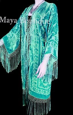 Maya Matazaro Silk Burnout Velvet Fringes Jacket Kimono Long Coat Tiffany Mint   - Image 1 of 3