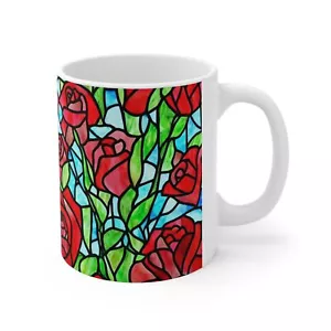 11 Unzen Keramik Kaffeebecher Rote Rosen Floral Buntglas Stil Design  - Bild 1 von 5