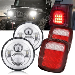 Chrome 7inch Round LED Headlights + Tail Lights For Jeep Wrangler TJ 1997-2006 - Picture 1 of 12