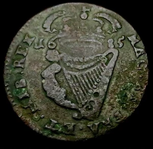 X010: 1685 arpa irlandesa James II medio penique de cobre real. Spink 6576 - Imagen 1 de 2