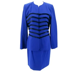 Vintage CAROLINA HERRERA Size 8 Blue Black Wool Skirt Suit 2-Piece Set EUC 90s - Picture 1 of 10