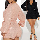 Women Bodysuit Shorts Sequins Deep V Long sleeve  Solid Glitter Jumpsuits 89301