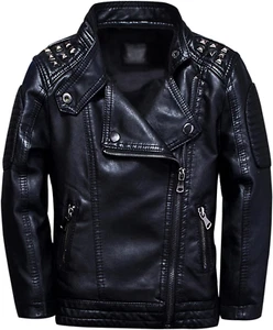 Boys Black Leather Jacket Studded Motorcycle Faux Leather Coat 11-12... - Picture 1 of 5