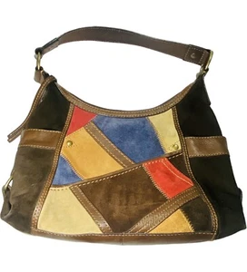 PELLE Studio Patchwork Brown Multicolor Leather Shoulder Handbag Suede Hobo Boho - Picture 1 of 11