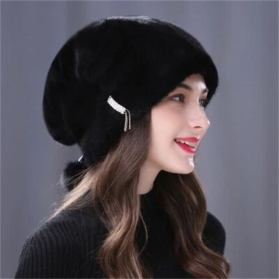 Women's Luxury Real Mink Fur Hat Winter Warm Beret Cap Beanies Outdoor Ski Hat - Image 1 of 4
