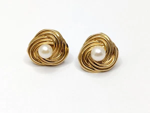 Vintage 14K Yellow Gold Pearl Designer Modernist Knots Stud Post Earrings 1.14g - Picture 1 of 17