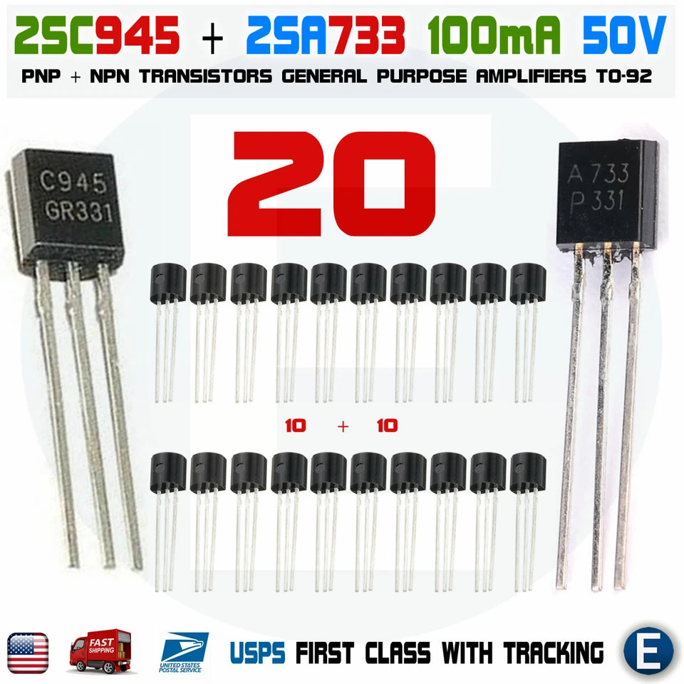20pcs 10 pairs of 2SA733 & 2SC945  A733 C945, TO-92 audio transistor KCS945 USA - Image 1 of 3